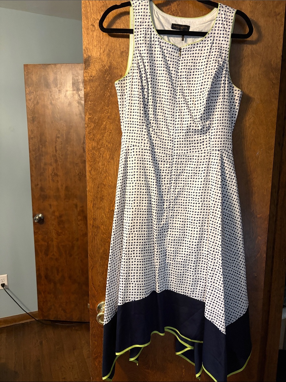 Donna Karan White and Navy Polka Dot Asymmetrical Dress with Lime Trim